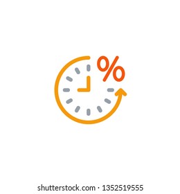 Loan timing icon. Time and interest icon. Clock and percent sign. Banking, Finance concept. Vector illustration for topics like debtor delay, penalty, deadline, business, finance, economy