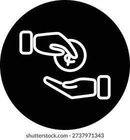 Loan vector icon representing financial borrowing and lending services. White line art illustration isolated on a black circle background. Ideal for banking apps, mortgage calculators, and credit UI.