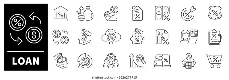 Loan vector icons. Thin line icons set related to loan. Income, salary, money, business, cash, finance, banking, savings, mortgage, loans