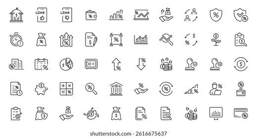 Loans Icons set. Finance icon set. Containing loan, cash, saving, growth, financial goal, profit, budget, mutual fund, earning money and revenue icons. Solid icons collection.
