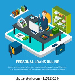 Loans isometric background with conceptual composition of tablet and office room with workplace of bank clerk vector illustration