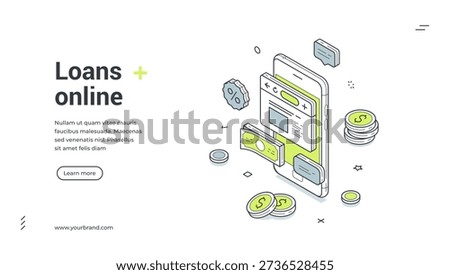 Loans online web banner. Isometric template for a landing page on mobile banking and credit service. Vector illustration with smartphone, money, and coins for fast finance