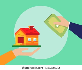 Loans for real estate concept, There are two hands and note bank for sell and buy new house. Cartoon vector style for your design.