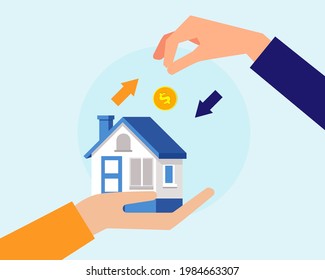 Loans for real estate concept, There are two hands and golden coin for sell and buy new house. Cartoon vector style for your design.