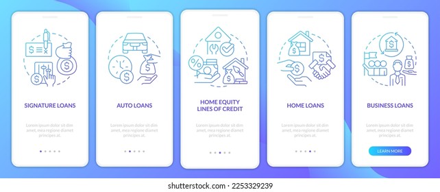 Loans types blue gradient onboarding mobile app screen. Banking service walkthrough 5 steps graphic instructions with linear concepts. UI, UX, GUI template. Myriad Pro-Bold, Regular fonts used