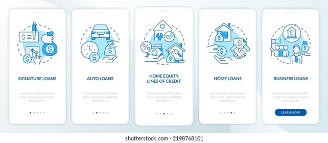 Loans types blue onboarding mobile app screen. Banking service walkthrough 5 steps editable graphic instructions with linear concepts. UI, UX, GUI template. Myriad Pro-Bold, Regular fonts used