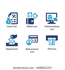 Loans, Wallet, Online banking, Deposit, Bank account, ATM, Blue Icon Set