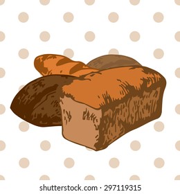 Loaves of different kinds of bread on a seamless background with circles. Hand drawn picture. Rye, whole wheat, white wheat flour bread. Vector illustration