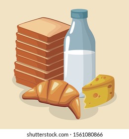 loaves stack with milk bottle and croissant over white background, vector illustration