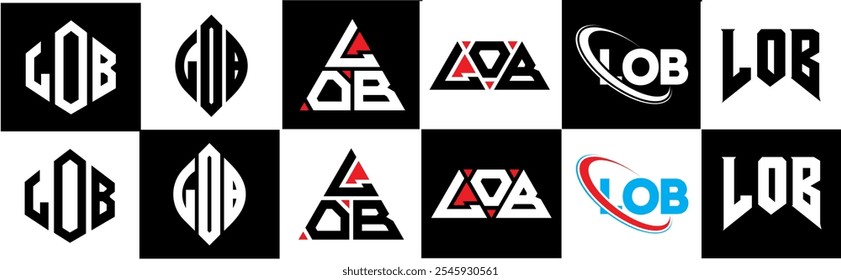 Logo de la letra LOB diseño en seis estilos. LOB polígono, círculo, triángulo, hexágono, estilo plano y simple con logo de letra de variación de color blanco y negro en una mesa de trabajo. Logotipo minimalista y clásico LOB