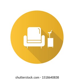 Lobby bar yellow flat design long shadow glyph icon. Room service, hotel amenities. Comfortable rest place with soft armchair and cocktails. Relax zone. Vector silhouette illustration