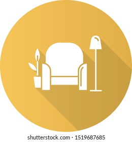Lobby bar yellow flat design long shadow glyph icon. Room service, hotel amenities. Comfortable rest place with soft armchair and cocktails. Relax zone. Vector silhouette illustration