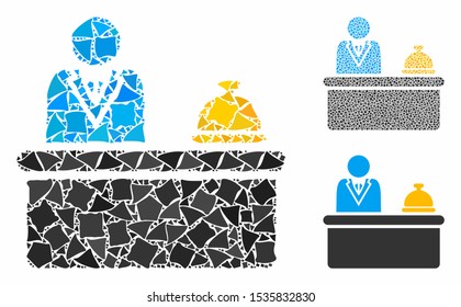 Lobby desk mosaic of unequal items in variable sizes and color tinges, based on lobby desk icon. Vector trembly items are grouped into mosaic. Lobby desk icons collage with dotted pattern.