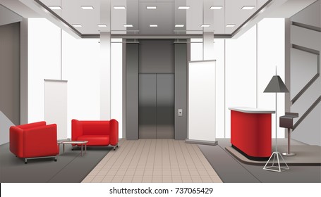 Lobby interior realistic composition with red sofa elevator doors lamps with shades and daylight windows vector illustration