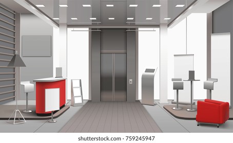 Lobby interior realistic design with reception counter, red armchair, table with stools, empty banners, lift vector illustration   