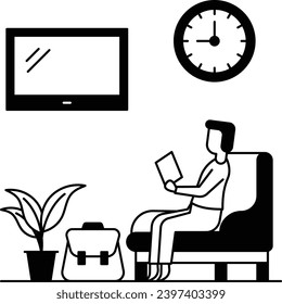 Lobby als Lounge Konzept, öffentlicher Sitzplatz oder WartebereichVektorsymbol, Hotel- und Motel-Dienstleistungssymbol, Mietunterschrift, Restaurantmaterial Stockillustration