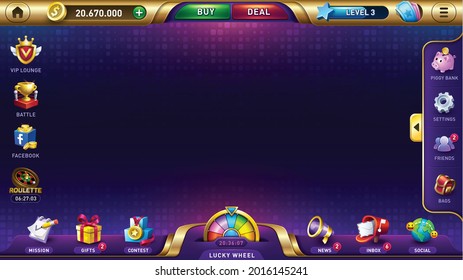 Lobby for slots games. casino game user interface. poker cards gambling concept. slot jackpot. UI kit. vector illustration