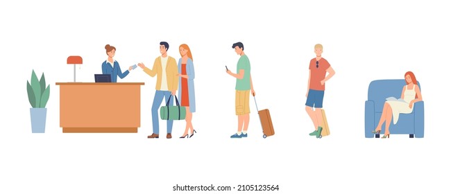 The lobby with the tourists in the queue.