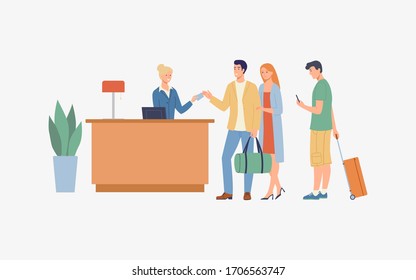The lobby with the tourists in the queue. Vector modern illustration.