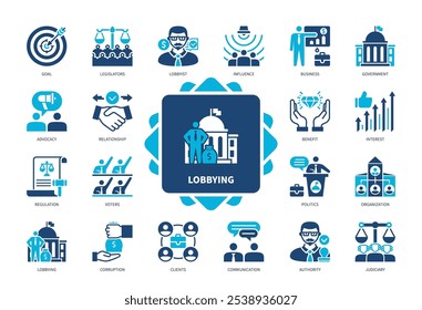 Conjunto de iconos de cabildeo. Legisladores, Poder Judicial, Política, Defensa, Votantes, Autoridad, Objetivo, Relación. Iconos sólidos de color duotono