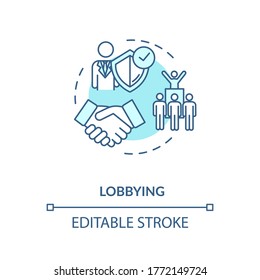 Lobbying turquoise concept icon. Social interest representation idea thin line illustration. Government persuasion. Legislators agreement. Vector isolated outline RGB color drawing. Editable stroke