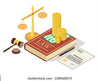 Lobbying vector concept illustration. Isometric juridical symbols Law book with money, scales of justice, judge gavel. Political corruption, law promotion composition for web banner, website page etc.