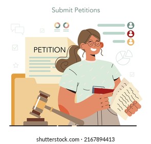 Lobbyist concept. Collective public appealing. Signing and spreading petition for changes. Document addressed to a government. Flat vector illustration