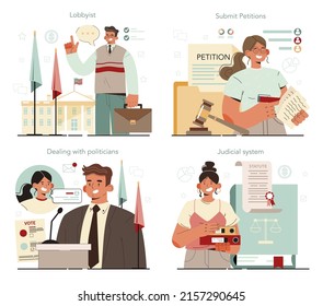 Lobbyist concept set. Professional pr specialist influencing the actions of legislators or members of regulatory agencies. Submitions of petitions. Flat vector illustration