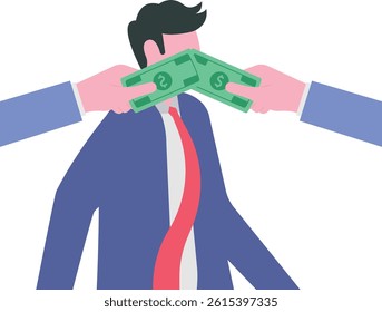 Lobbyist corruption. Hand with dollar bill covering businessmen mouth

