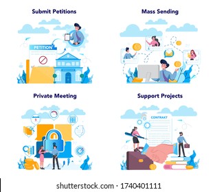 Lobbyist and lobby concept set. Professional pr specialist influencing the actions of legislators or members of regulatory agencies. Isolated vector illustration