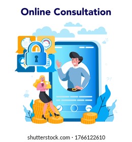 Lobbyist and lobby online service or platform. Professional pr specialist influencing the actions of legislators. Online consultation. Isolated vector illustration