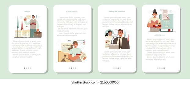 Lobbyist mobile application banner set. Professional pr specialist influencing the actions of legislators or members of regulatory agencies. Submitions of petitions. Flat vector illustration