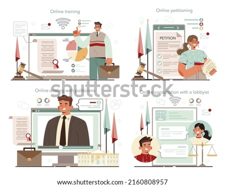 Lobbyist online service or platform set. Professional pr specialist influencing the action of legislators. Submitions of petitions. Online training, petitioning, consultation. Flat vector illustration