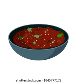 Lobio in ceramic bowl decorated with cilantro. Delicious vegetarian Georgian meal made of stewed beans. Tasty veggie dish of Caucasian cuisine.