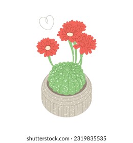 Lobivia cactus in flowerpot. Trendy flat style illustration