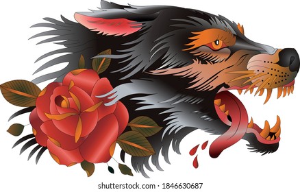 Lobo com língua para fora e uma rosa