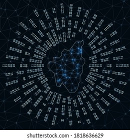 Lobos Island digital map. Binary rays radiating around glowing island. Internet connections and data exchange design. Vector illustration.