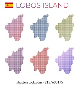 Lobos Island gepunkteter Kartensatz. Karte von Lobos im gepunkteten Stil. Grenzen der Insel gefüllt mit schönen glatten Gradientenzirkeln. Fesselnde Vektorgrafik.