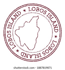 Sello de goma redonda de la isla de Lobos con mapa de la isla. Sello de pasaporte rojo vintage con texto circular y estrellas, ilustración vectorial.