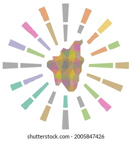 La isla de Lobos arde el sol. Rayos de rayas bajas y mapa de la isla. Increíble ilustración vectorial.