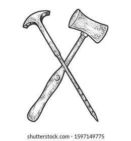 Lobotomy Tool Set Orbitoclast and hammer sketch engraving vector illustration. T-shirt apparel print design. Scratch board imitation. Black and white hand drawn image.