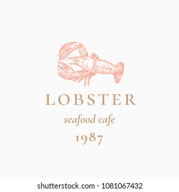 Lobster Abstract Vector Sign, Symbol or Logo Template. Hand Drawn Grayfish or Lobster with Classy Retro Typography. Vintage Vector Seafood Cafe Emblem. Isolated.