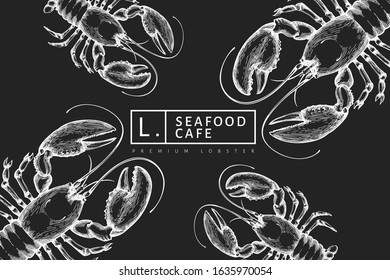 Lobster banner template. Hand drawn vector seafood illustration on chalk board. Engraved style. Retro sea animal background