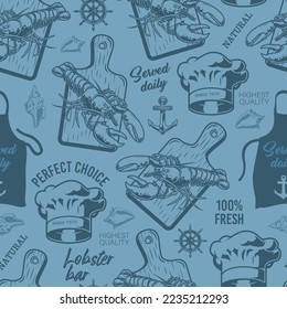 Lobster bar monochrome seamless pattern crayfish on cutting board with words natural and fresh for restaurant menu vector illustration