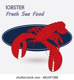 Lobster big red on the blue plate isolated inscription fresh sea food art abstract modern creative illustration white background vector