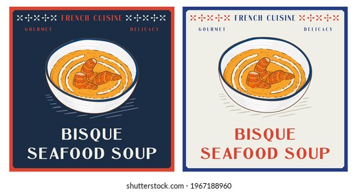 Lobster bisque creamy soup in bowl - French traditional food vintage illustration