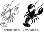 Lobster, black and white vector, outline and silhouette versions