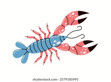 Lobster with blue body and pink claws flat color vector character. Visual tool for teaching children about oceanography illustration on white background