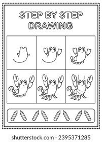 Lobster. Book page, drawing step by step. Black and white vector coloring page.