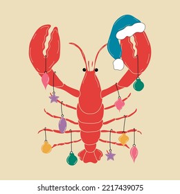 Lobster cartoon character. A Cute Lobster with Christmas decorations standing for Merry Christmas and Happy New Year invitation card.